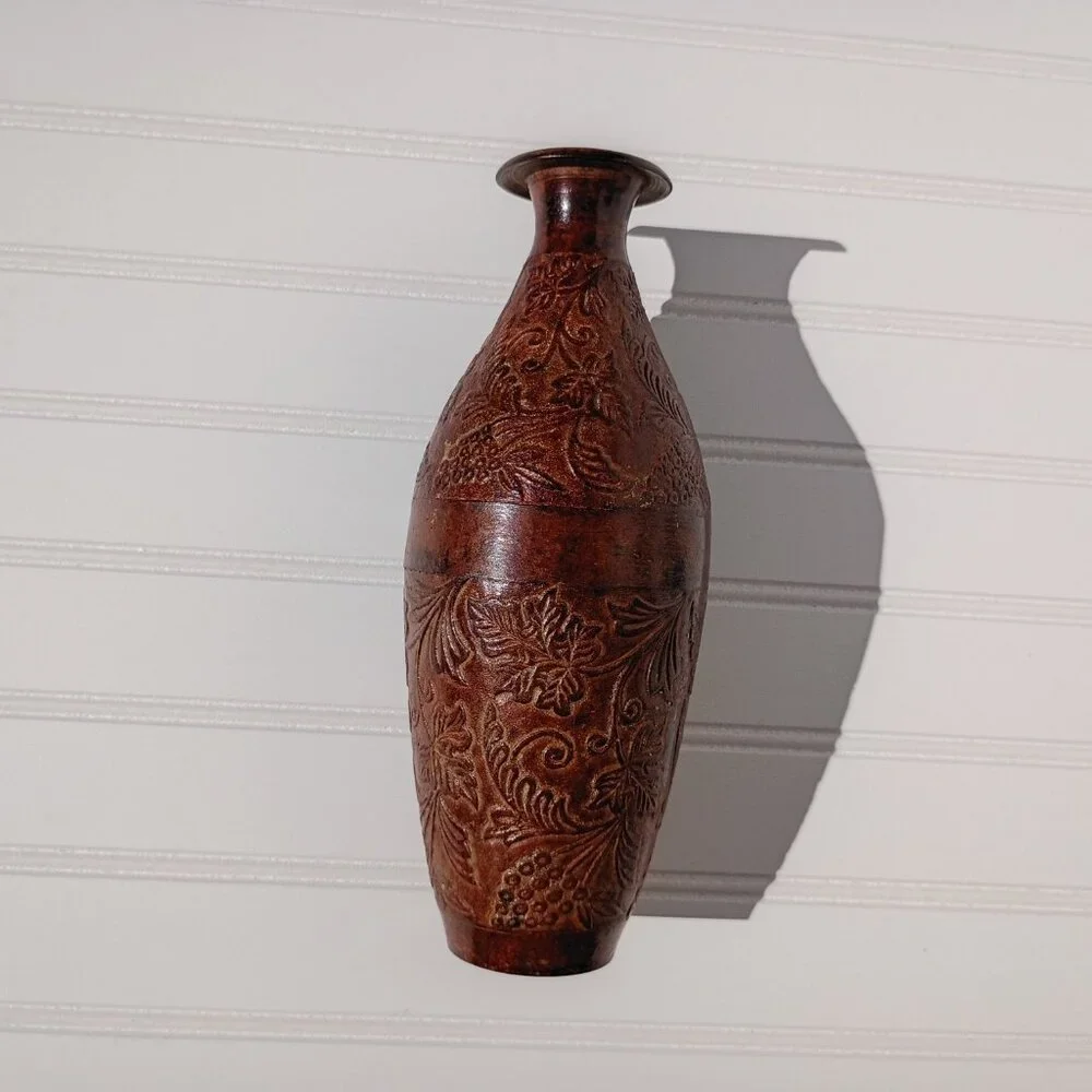 Vtg Cast Bronze Vase Grape & Vine Embossed Bottle Mid-Century Verdigris 9.75